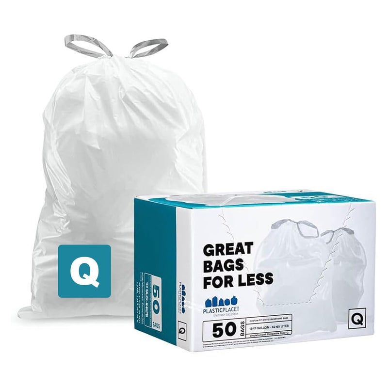 Plasticplace Custom Fit Trash Bags, Compatible with Simplehuman Code Q (50 Count), 13-17 Gallon Drawstring Garbage Liners, Heavy Duty Tear-Resistant - Image 1